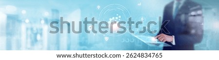 Digitization: Businessman using tablet and analysis data for paperless processes, data conversion, cloud integration, automated workflows, and information management technology on global network.