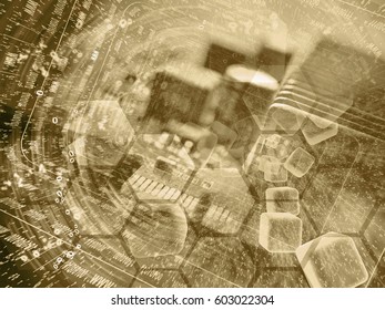Digits and electronic device - abstract computer background in sepia.