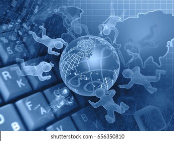 Digits, globe and mans - abstract computer background in blues.
