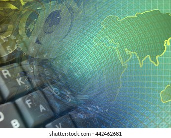 Digits, keyboard and map - abstract computer background.