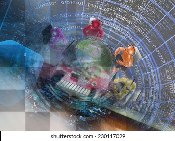 Digits, mans and globe - abstract computer background.