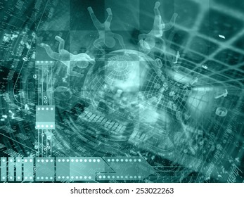 Digits, mans and globe - abstract computer background in greens.