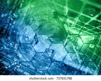Digits, mans and globe - abstract computer background, in greens and blues.