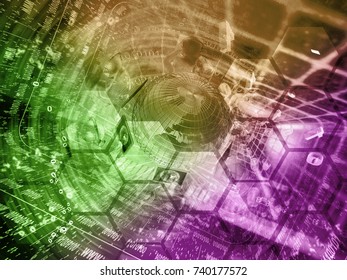 Digits, mans and globe - abstract computer background, toned.