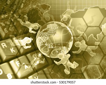 Digits, mans and map - abstract computer background in sepia.
