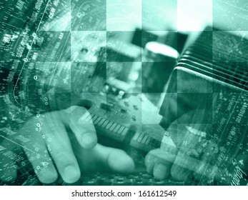 Digits and map - abstract computer background in greens.