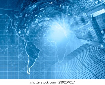 Digits and map - abstract computer background in blues.