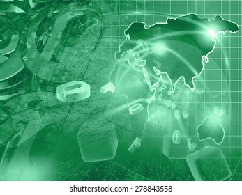 Digits and map - abstract computer background in greens.