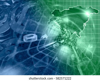 Digits and map - abstract computer background, in greens and blues.