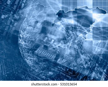 Digits, map and device - abstract computer background in blues.