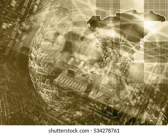 Digits, map and device - abstract computer background in sepia.