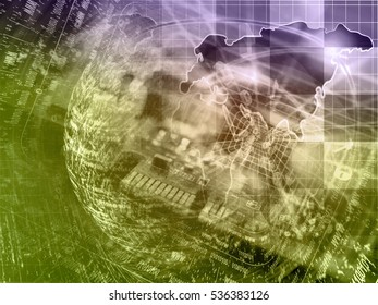 Digits, map and device - abstract computer background, toned.