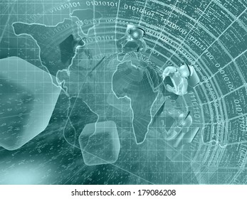 Digits, men and map - abstract computer background in greens.