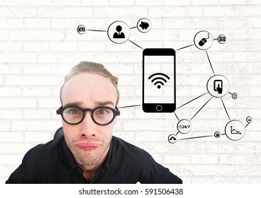 Digtal composite image of nerd man with smartphone and application icons