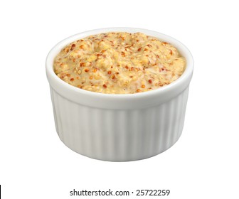 Dijon Mustard In A Ramekin Isolated With A Clipping Path