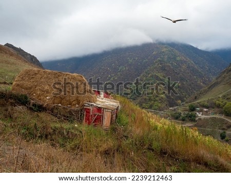 Dilapidated building. A haystack on the roof. A barn in a mountainous area on a steep slope. Foggy mountain landscape of Ingushetia.