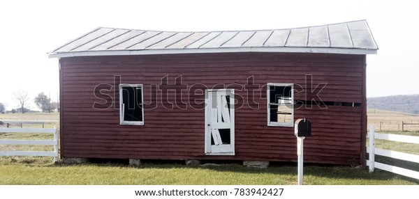 Dilapidated Red Clapboard Outbuilding Metal Roof Stock Photo Edit