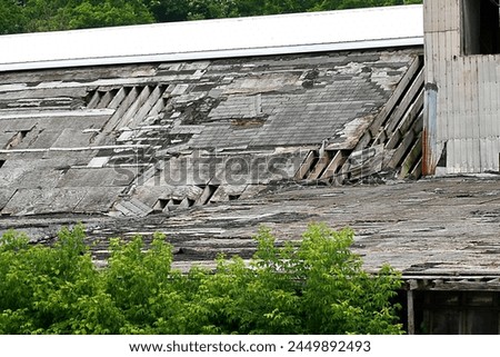 Dilapidated roof old building. Wood wooden slats. Disrepair. Falling apart. Trees. Falling down. Rustic. 