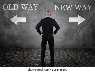 Dilemma In Business Concept. Businessman Confuse To Choose Old Way Or New Way