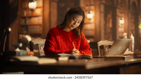 Diligent Asian Female Student Engaged in Academic Research in a Cozy Library, Writing Notes and Using a Laptop for E-Learning. Young Woman in Red Sweater Focused on Studying. - Powered by Shutterstock