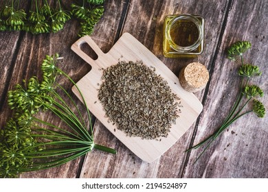 Dill Flowers And Dry Seeds, Anethum Graveolens Essential Cosmetic Oil In Bottle On Wooden Background, Overhead Flat Lay