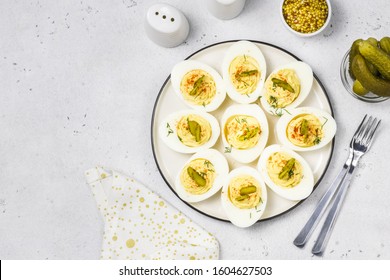 Dill Pickle Deviled Eggs.Top View, Space For Text.