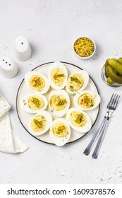 Dill Pickle Deviled Eggs.Top View, Space For Text.