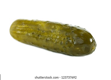 Dill Pickle On A Close Up Image Against White Background