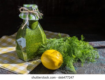 Dill Sauce, Lemon And Dill On A Dark Background.