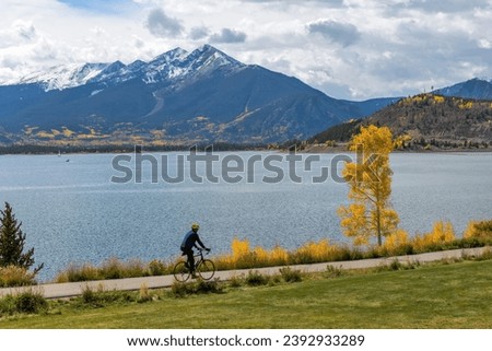 Dillon Reservoir  - An Autumn view of colorful Dillon Reservoir, with snow-capped Tenmile Range towering in background. Dillon, Colorado, USA.