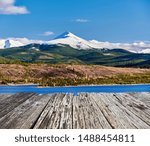 Dillon Reservoir and Swan Mountain in snow at autumn. Rocky Mountains, Colorado, USA. 