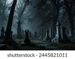 
In the dim light of a moonlit night, an eerie atmosphere permeates the abandoned cemetery. Gravestones, weathered and overgrown with ivy, stand sentinel amidst the encroaching darkness. A thick mist 