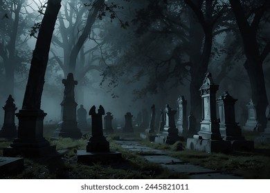 
In the dim light of a moonlit night, an eerie atmosphere permeates the abandoned cemetery. Gravestones, weathered and overgrown with ivy, stand sentinel amidst the encroaching darkness. A thick mist 