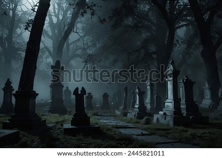 
In the dim light of a moonlit night, an eerie atmosphere permeates the abandoned cemetery. Gravestones, weathered and overgrown with ivy, stand sentinel amidst the encroaching darkness. A thick mist 