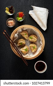 Dim Sum Dumplings In Steamer And Ingredients Top View