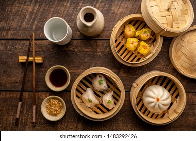 Dim Sum, Dim Sum On The Wooden Table, Top View And Space For Text Input , Dim Sum (Chinese Food) In Steamed Bamboo