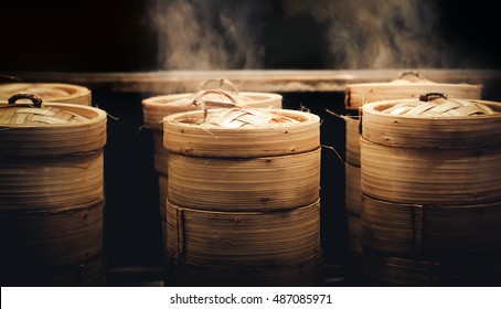 Dim sum steamers at a Chinese restaurant in Bangkok, Thailand - Shutterstock ID 487085971