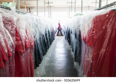 Diminishing Perspective Of Garments On Clothes Rail In Sewing Factory