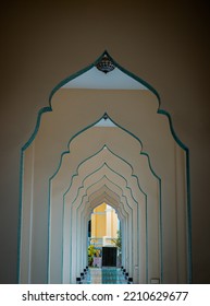 Diminishing Perspective Interior View Of Inner Bang O Mosque Hallway Leading Into Outside Building. Scenic Idyllic, Mosque Architecture And Art Concept, Selective Focus.