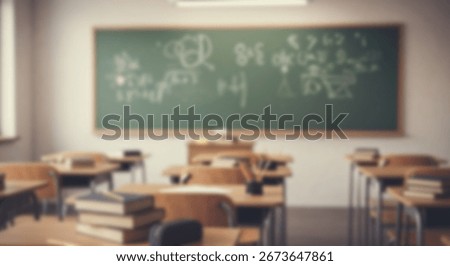 A dimly lit classroom interior, showcasing a green chalkboard filled with scribbles and various wooden desks and chairs.