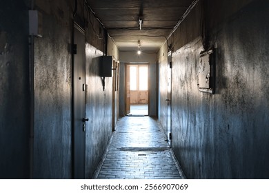 A dimly lit corridor stretches ahead, leading to an open doorway that invites exploration - Powered by Shutterstock