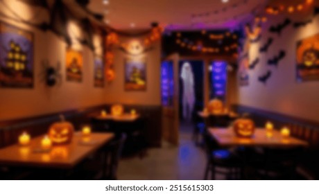 A dimly lit Halloween-themed café or restaurant with glowing jack-o'-lanterns on the tables and spooky decorations hanging from the walls. The scene feels both festive and eerie - Powered by Shutterstock