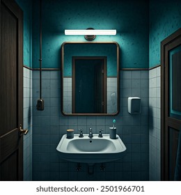 Dimly Lit Spooky Bathroom Rectangular Mirror AI 生成图片2501887345 ...