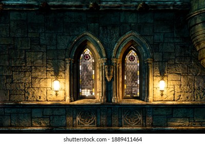 dimly lit stained glass windows of a stone castle, selective focus - Powered by Shutterstock