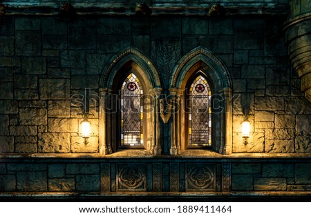 dimly lit stained glass windows of a stone castle, selective focus