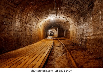 A dimly lit tunnel features a worn wooden walkway and rusty railroad tracks. The rough stone walls add to the dark, mysterious atmosphere of this abandoned passage, cooper mine - Powered by Shutterstock