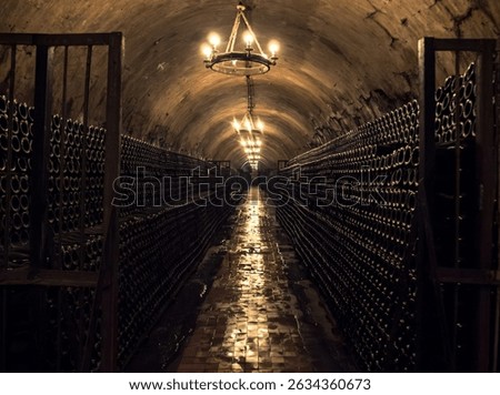 Dimly lit wine cellar with rows of bottles and warm lighting at dusk