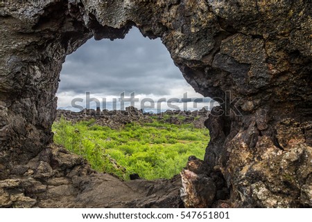 Dimmuborgir, Iceland, troll area, rock window, eye through the rocks, lava field, volcano, volcanic area, nordic,