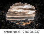 Dimmuborgir, large area of unusually shaped lava fields east of Mývatn in Iceland. Volcanic caves and rock formations, tourist attraction, autumn colors.