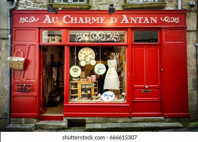  Dinan - France July 08, 2016. Front store of shabby items, In red wood in Dinan. France